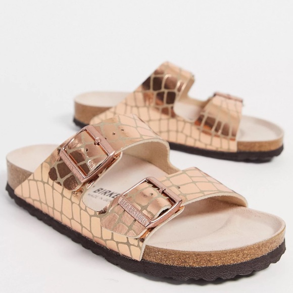 Birkenstock Shoes - New Birkenstock Arizona Croc Gator Gleam Embossed Sandals Rose Gold Copper